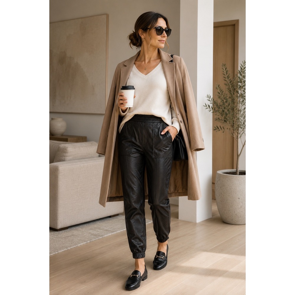 SPANX Faux Leather Jogger‎ Pants Black High Rise Pull-On Utility Pocket L